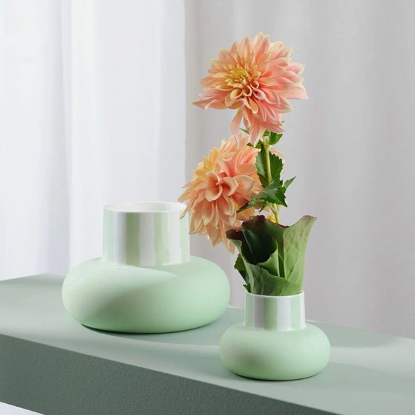 BAT TRANG - Ceramic Circle Vase In Striped Mint