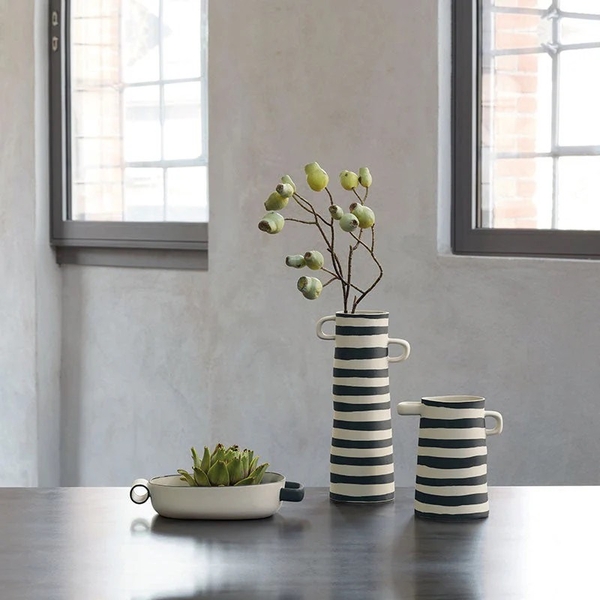 BAT TRANG -  Ceramic Black Horizontal Line Tall Vase With White Handle