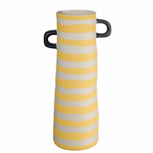 BAT TRANG - Ceramic Yellow Horizontal Line Tall Vase With Black Handle