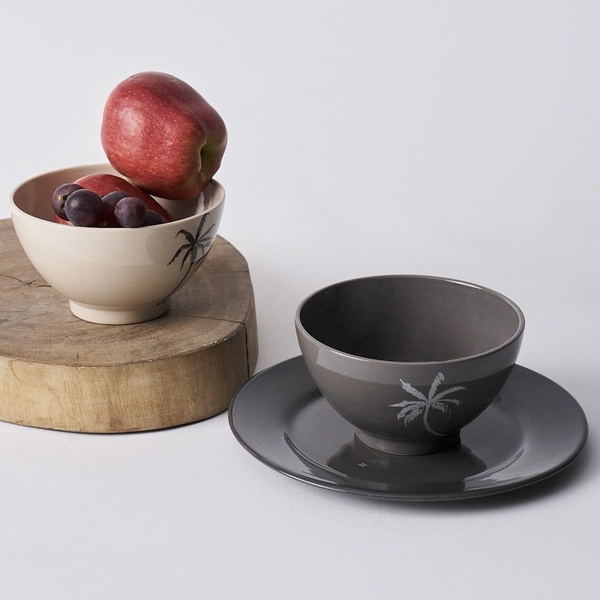BAT TRANG - Ceramic Palm Tree Bowl in Charcoal
