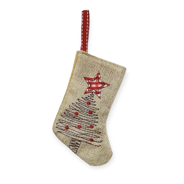 Christmas Ornament - Canvas Stocking With Christmas Tree Embroidered