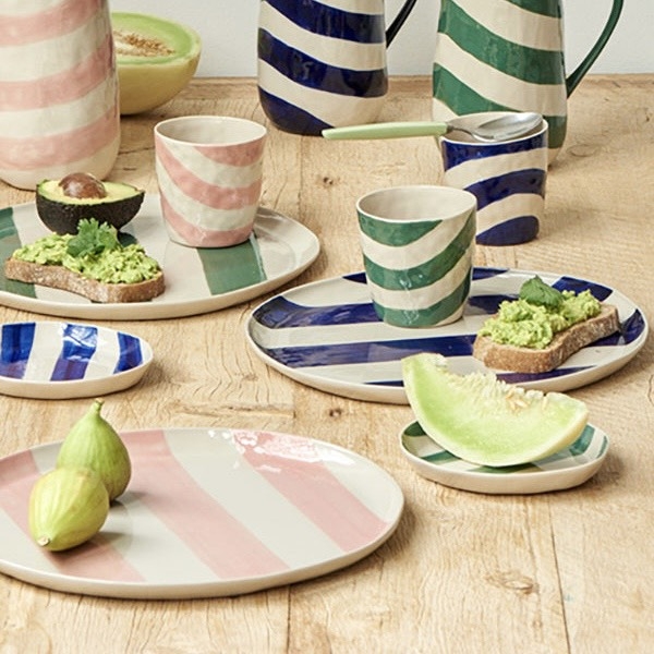 BAT TRANG - Ceramic Round Plate in Striped Green