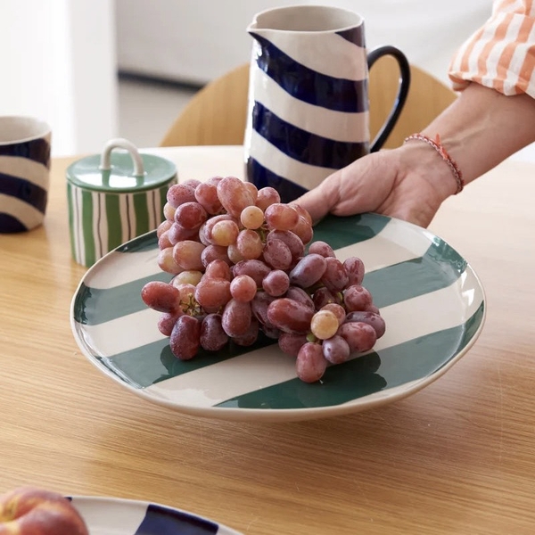 BAT TRANG - Ceramic Round Plate in Striped Green
