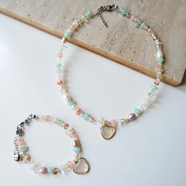 MERMAID - 'Annie Pastel' Natural Gemstone & Crystal Bead With Heart Pendant Necklace