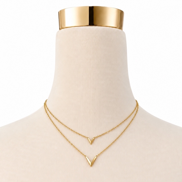 MIALIE - 18K Gold Plated Double Chain Necklace With Letter V
