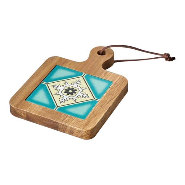 Wood & Ceramic Pot Holder In Turquoise Pattern