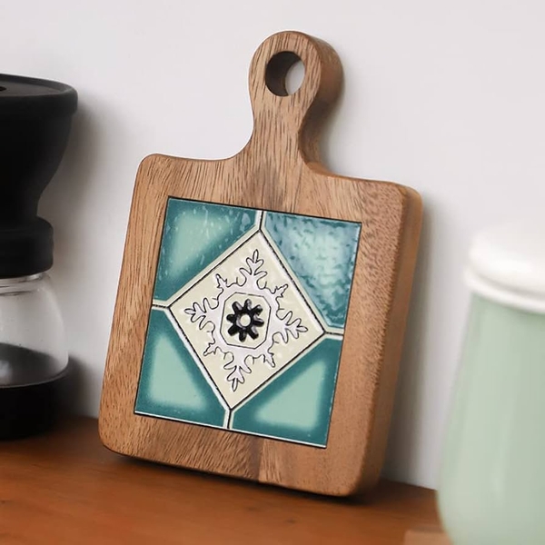 Wood & Ceramic Pot Holder In Turquoise Pattern