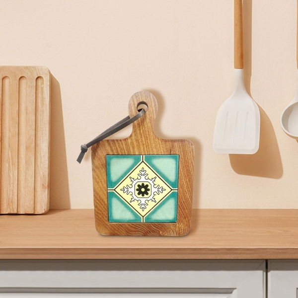 Wood & Ceramic Pot Holder In Turquoise Pattern