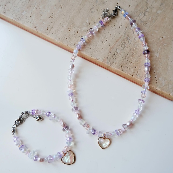 MERMAID - 'Annie Lilac' Natural Gemstone & Crystal Bead With Heart Pendant Necklace