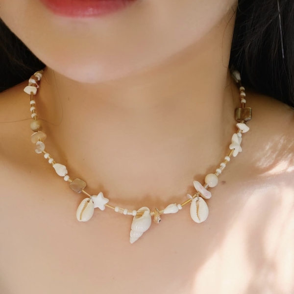 MERMAID - 'Sandy' Natural Gemstone & Glass Bead Necklace With Seashell Charm