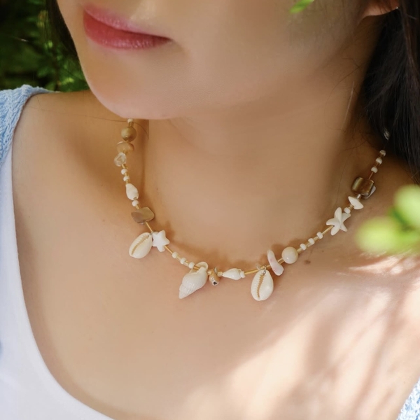 MERMAID - 'Sandy' Natural Gemstone & Glass Bead Necklace With Seashell Charm
