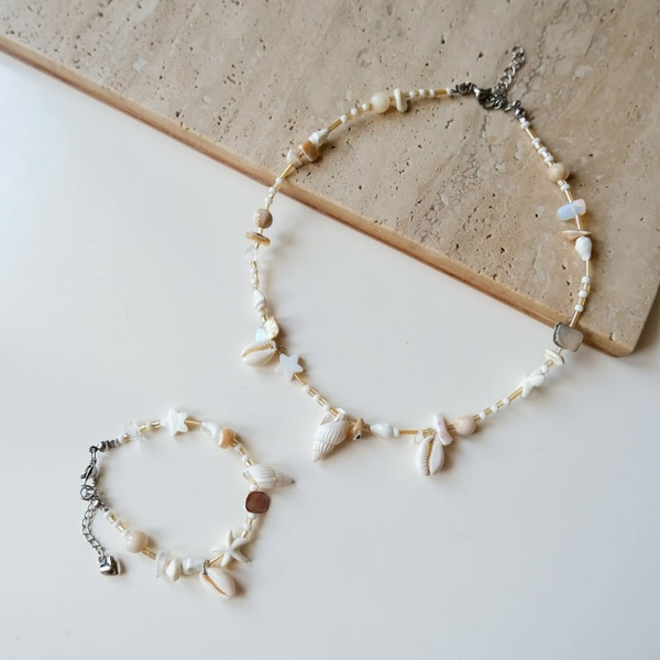 MERMAID - 'Sandy' Natural Gemstone & Glass Bead Necklace With Seashell Charm