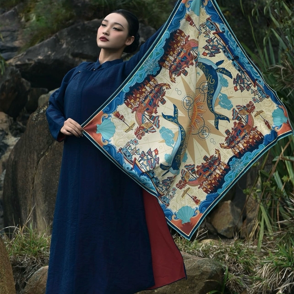 LA'ARTISAN - 'Lễ Hội Cầu Ngư - Whale Worshiping Festival' Double-Sided Square Scarf