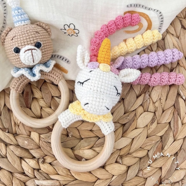 Macrame Baby Rattle With Wooden Handle - Party Bear