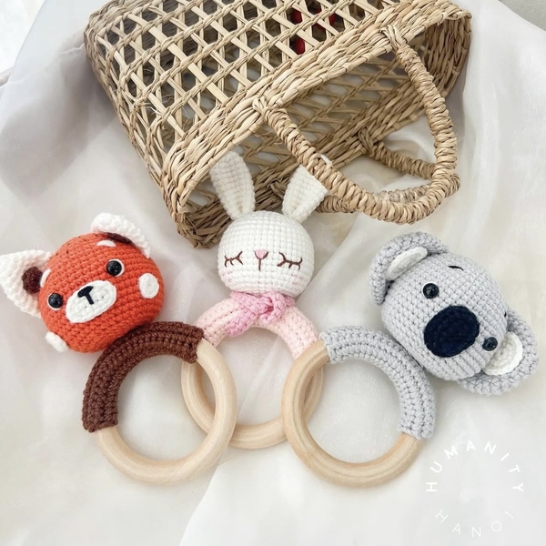 Macrame Baby Rattle With Wooden Handle - Fox