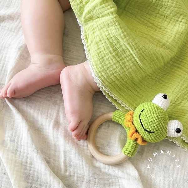 Macrame Baby Rattle With Wooden Handle - Frog