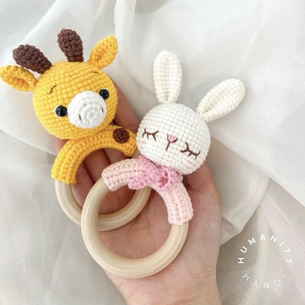 Macrame Baby Rattle With Wooden Handle - Bunny