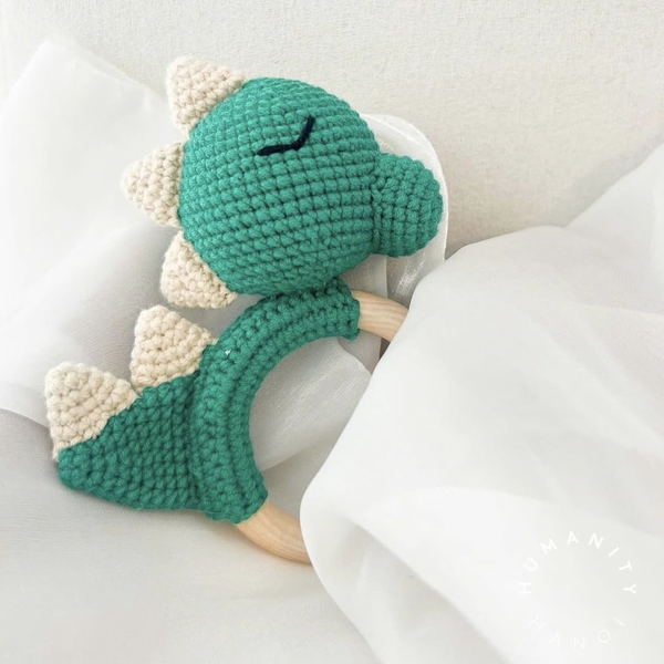 Macrame Baby Rattle With Wooden Handle - Dinosaur