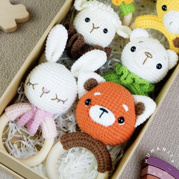 Macrame Baby Rattle With Wooden Handle - Bunny