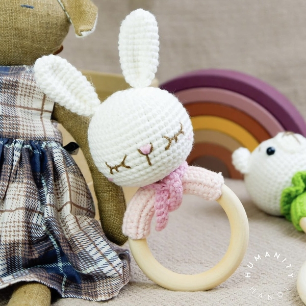 Macrame Baby Rattle With Wooden Handle - Bunny