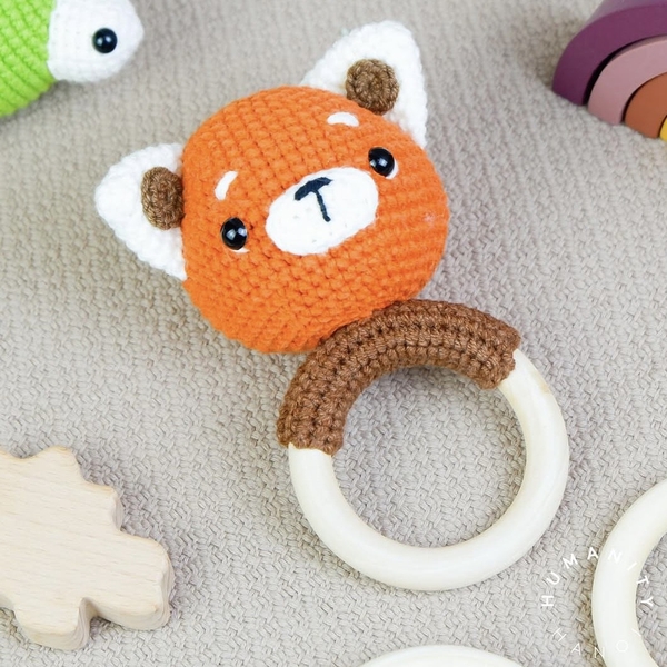 Macrame Baby Rattle With Wooden Handle - Fox