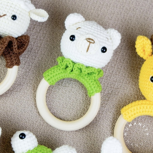 Macrame Baby Rattle With Wooden Handle - Bear