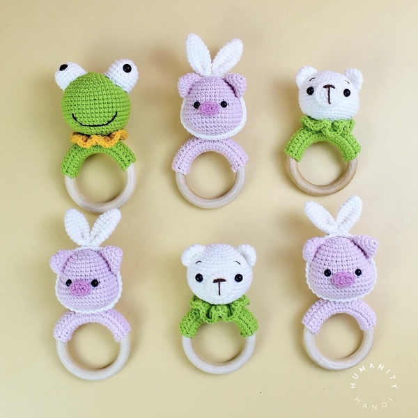 Macrame Baby Rattle With Wooden Handle - Bear