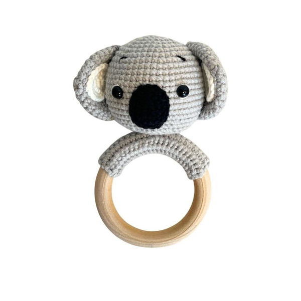 Macrame Baby Rattle With Wooden Handle - Koala