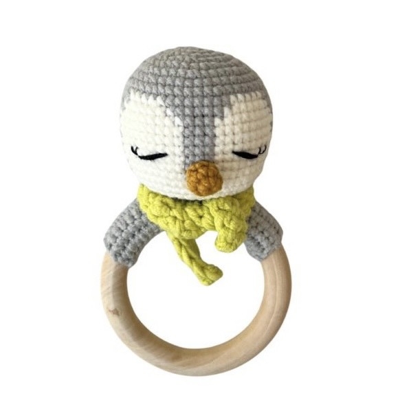 Macrame Baby Rattle With Wooden Handle - Penguin
