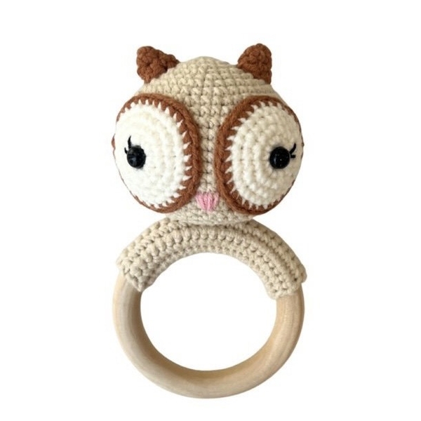 Macrame Baby Rattle With Wooden Handle - Owl