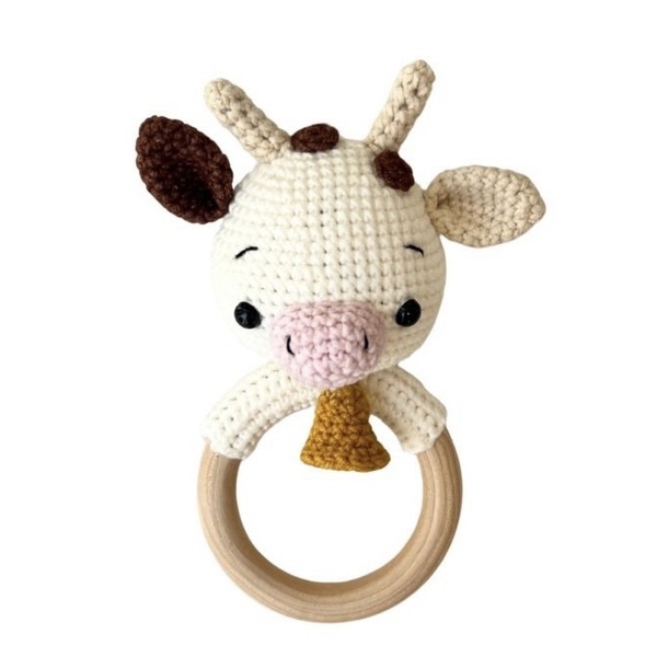 Macrame Baby Rattle With Wooden Handle - Cow