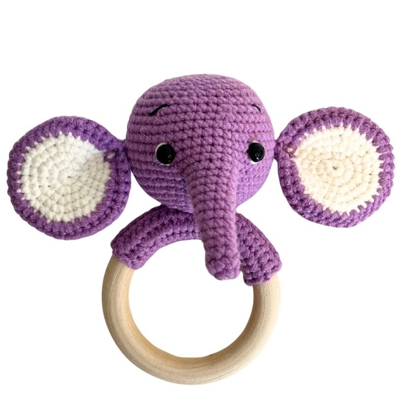 Macrame Baby Rattle With Wooden Handle - Elephant