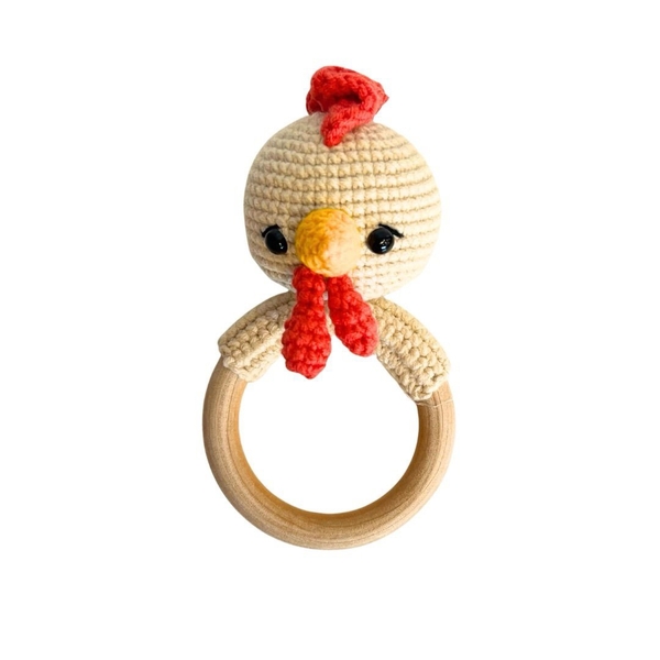 Macrame Baby Rattle With Wooden Handle - Chicken
