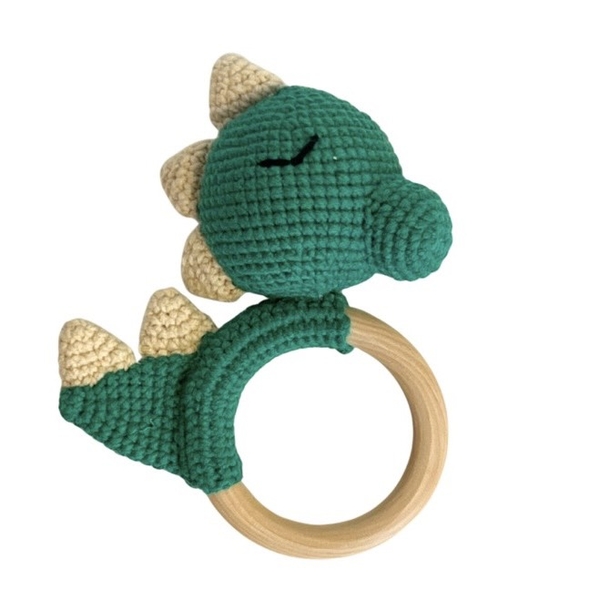 Macrame Baby Rattle With Wooden Handle - Dinosaur