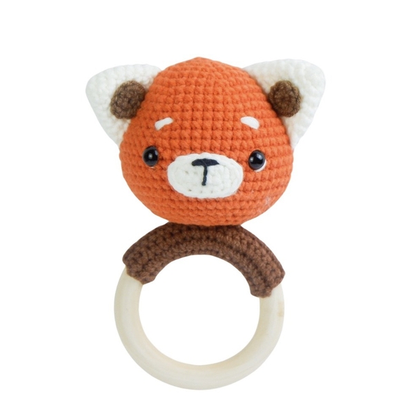 Macrame Baby Rattle With Wooden Handle - Fox