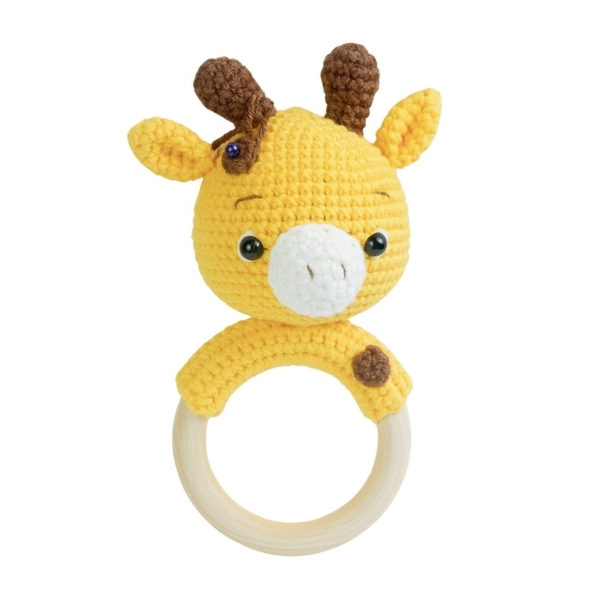 Macrame Baby Rattle With Wooden Handle - Giraffe