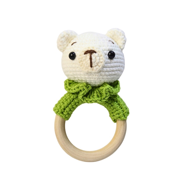 Macrame Baby Rattle With Wooden Handle - Bear