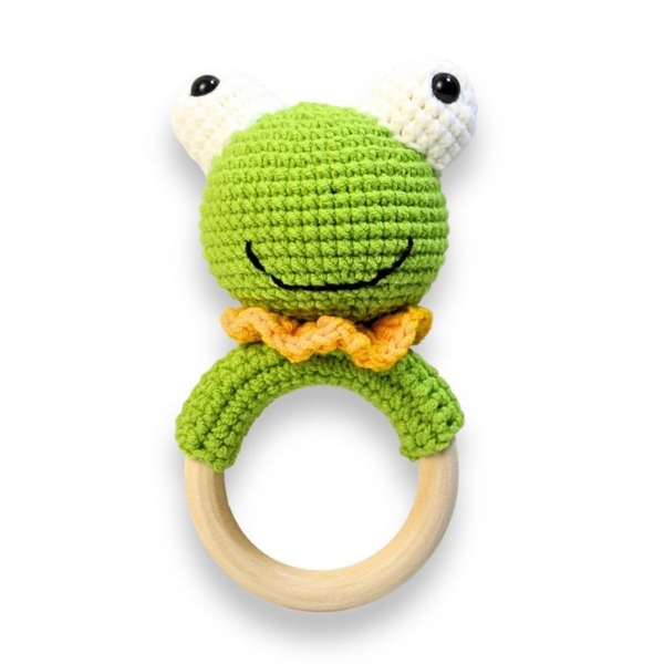 Macrame Baby Rattle With Wooden Handle - Frog