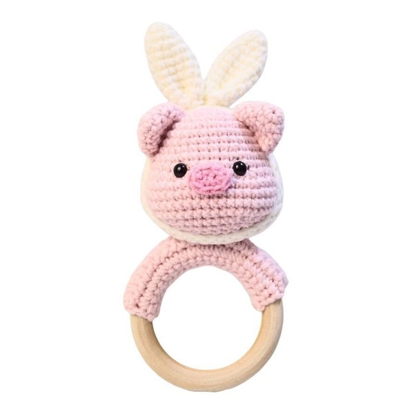 Macrame Baby Rattle With Wooden Handle - Piggy