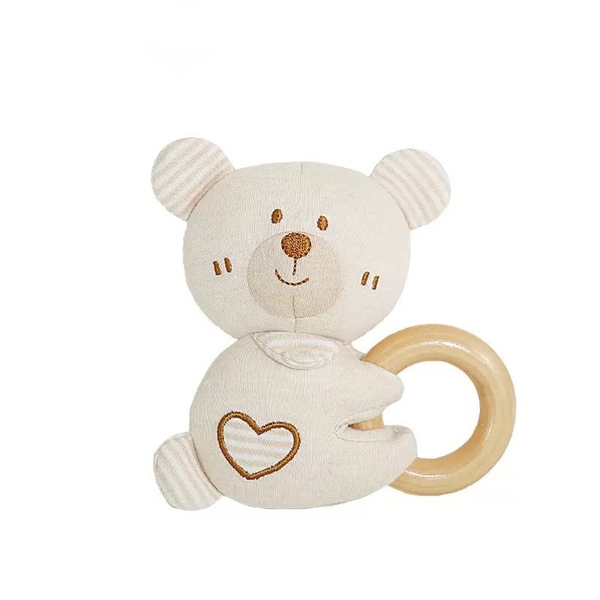 Cotton Baby Rattle With Wooden Handle - Bear