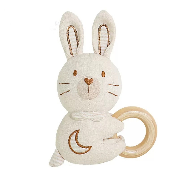 Cotton Baby Rattle With Wooden Handle - Bunny