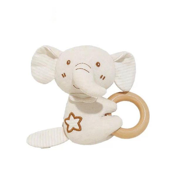 Cotton Baby Rattle With Wooden Handle - Elephant