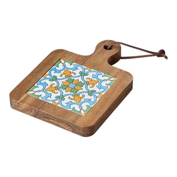 Wood & Ceramic Pot Holder In Green & Yellow Pattern