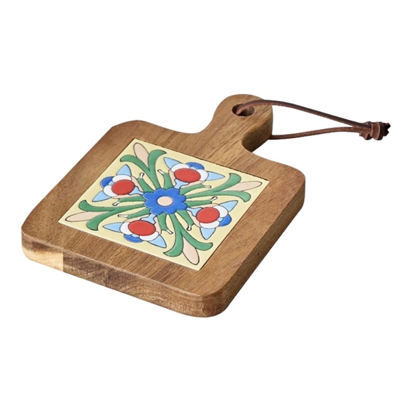 Wood & Ceramic Pot Holder In Blue & Red Flower Pattern