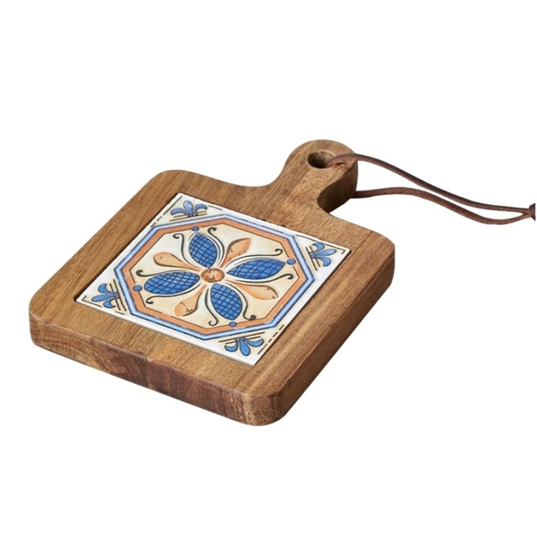 Wood Ceramic Pot Holder In Blue  & Yellow Pattern