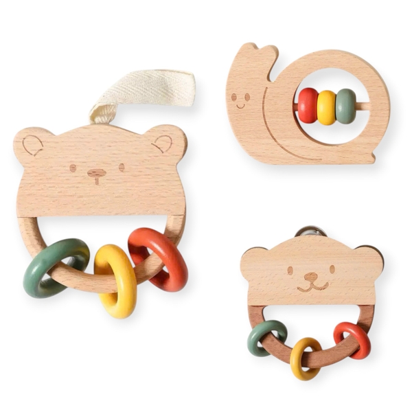 Baby Wooden Rattle - Bear With Colorful Rings & Bell
