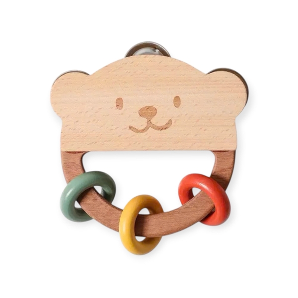Baby Wooden Rattle - Bear With Colorful Rings & Bell