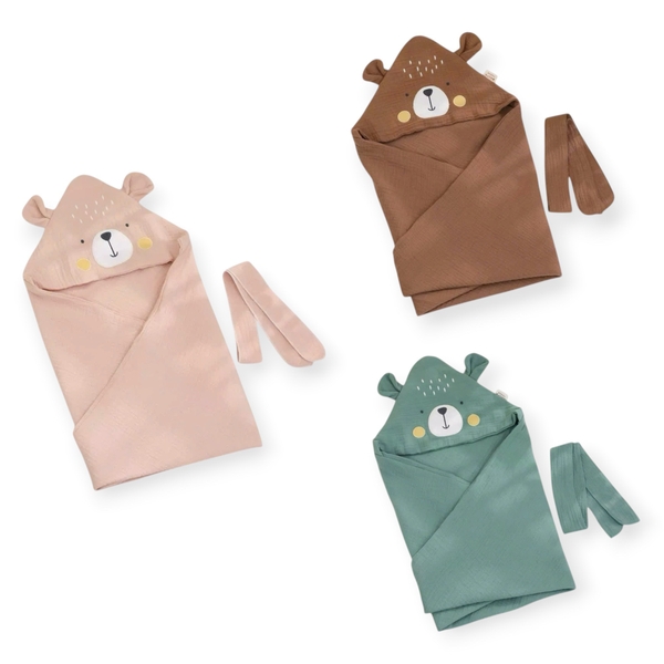 Bear Hooded Muslin Bath Towel in Brown