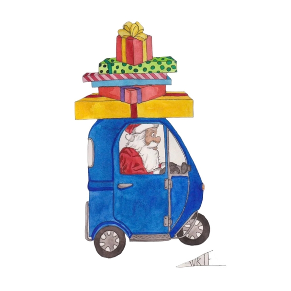LAURIE DRAWS - ‘Santa’s Driving A Mini Car' Christmas Card