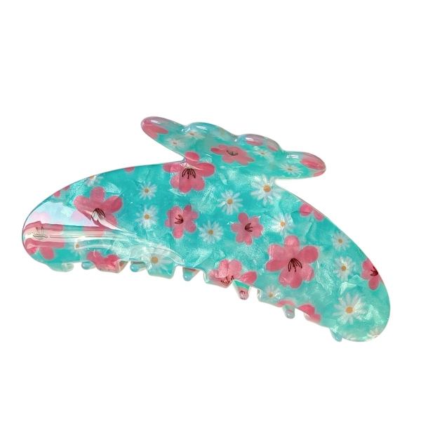 Jelly Hair Claw - Turquoise With Pink Flower